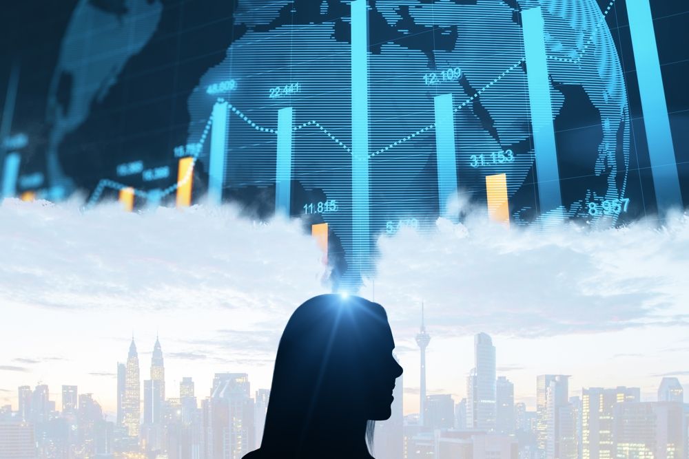 Abstract Business person Silhouette Thinking About Forex Chart On On City Sky Background.